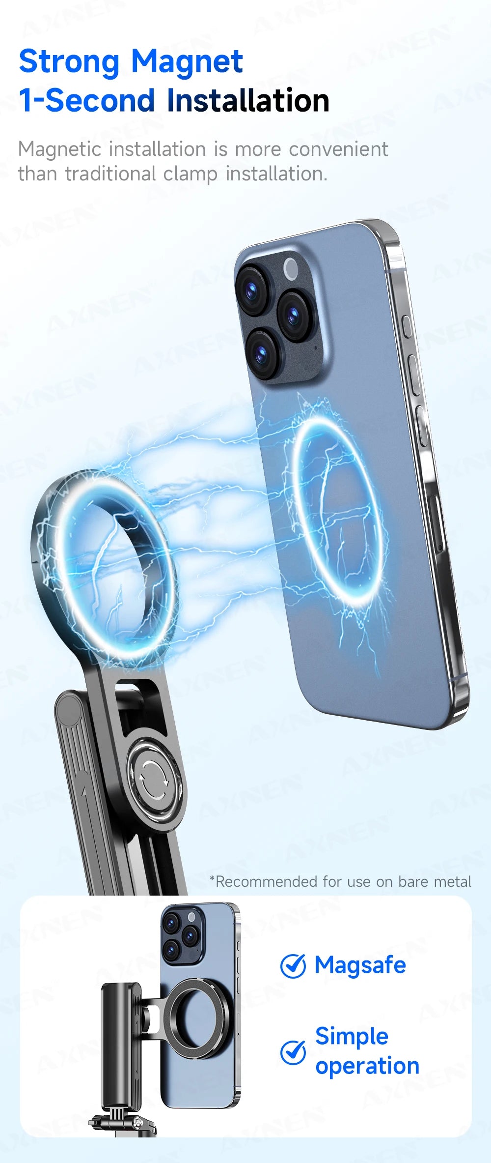 A magnetic selfie stick tripod with a fill light is shown next to a smartphone, demonstrating its installation and use.