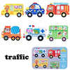 A set of wooden animal and vehicle puzzles featuring a school bus, police car, and fire engine.