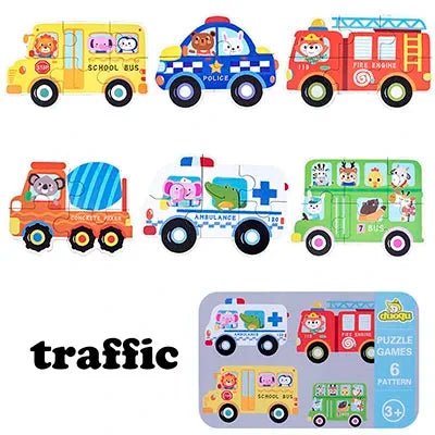 A set of wooden animal and vehicle puzzles featuring a school bus, police car, and fire engine.