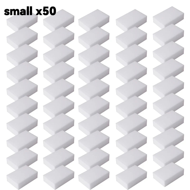 A set of fifty small white melamine sponge cleaning erasers for multi-purpose scrubbing.