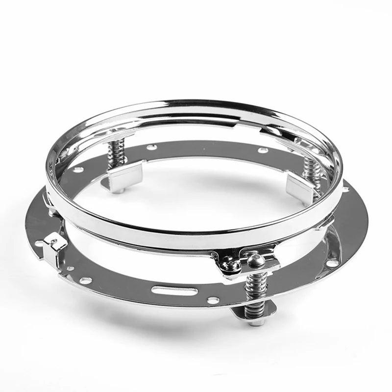 A chrome 7-inch motorcycle LED headlight assembly with angel eyes and DRL lights.