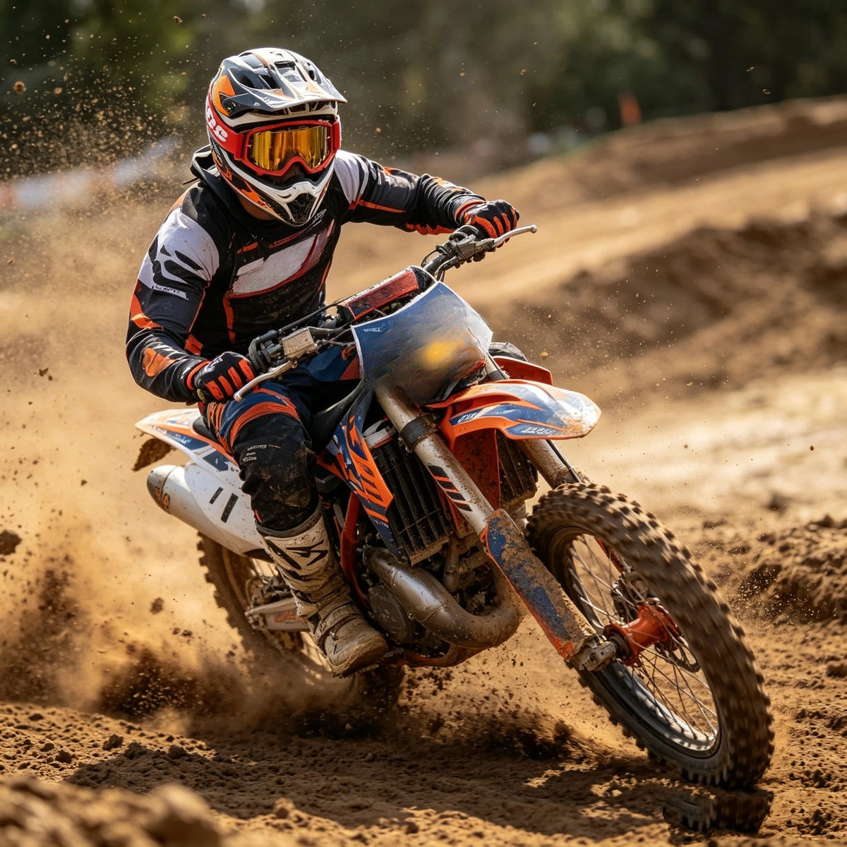 A rider wearing orange and black gear is performing off-road motorcycle stunts on a dirt track.