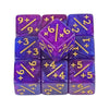 A set of purple acrylic D6 counter dice showing various combinations of numbers and plus signs