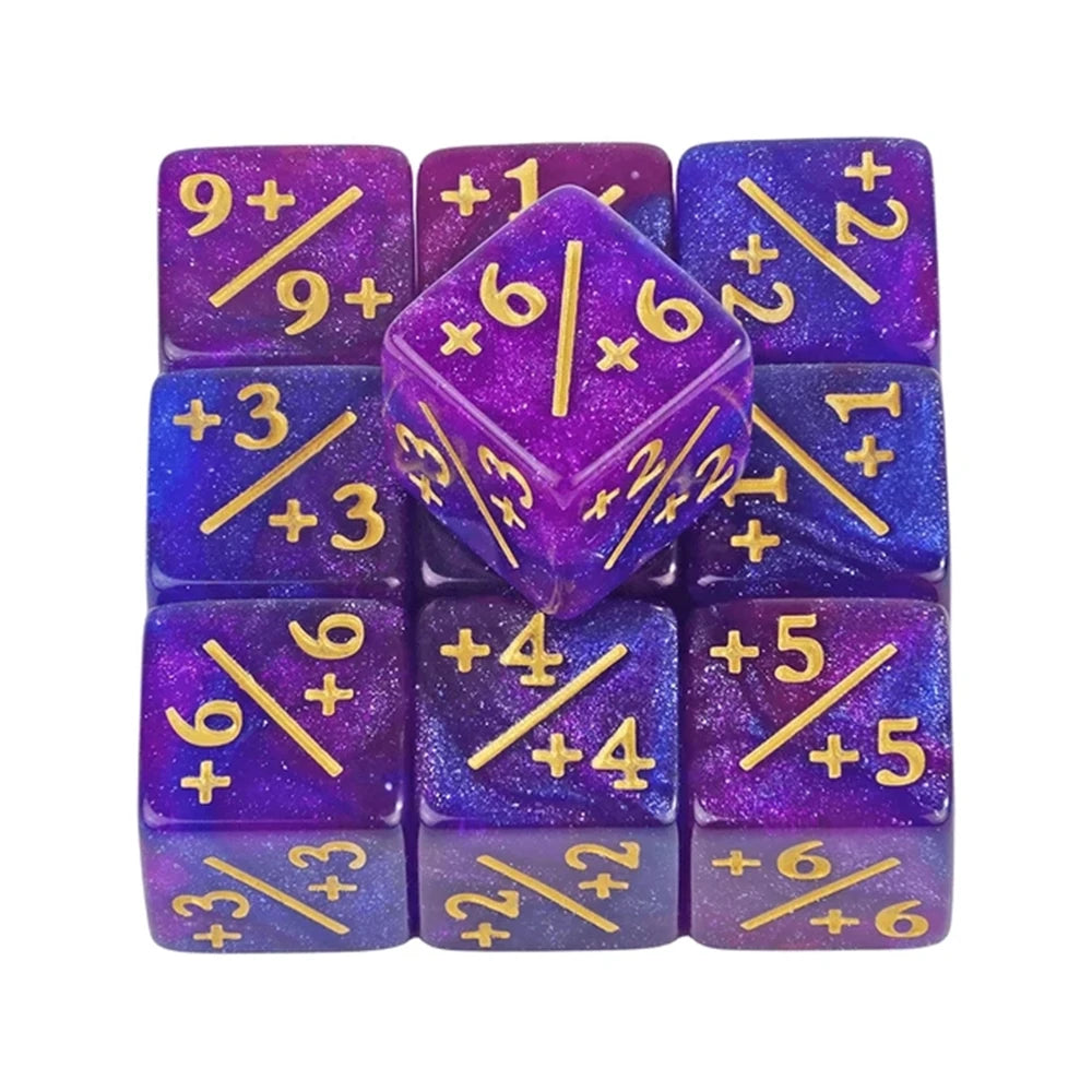 A set of purple acrylic D6 counter dice showing various combinations of numbers and plus signs