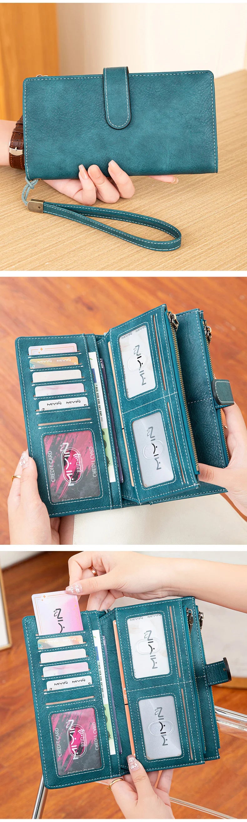 Vintage RFID-Blocking Long Wallet with Wristlet Strap