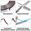 Various views of a chrome door edge guard trim strip showing glossy appearance, tailoring capability, bending flexibility, an
