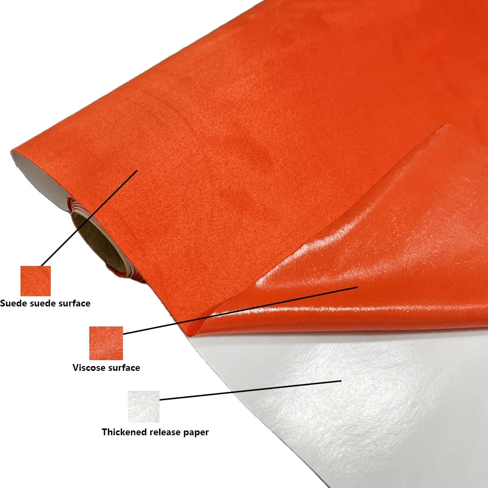 Roll of orange suede fabric showing different surfaces including suede, viscose, and thickened release paper.