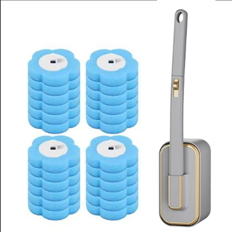A set of blue disposable toilet brushes with automatic lids and replacement heads shown next to a long handle.