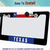 A black license plate frame with a Texas flag design and mounting hardware for US or Canadian plates.