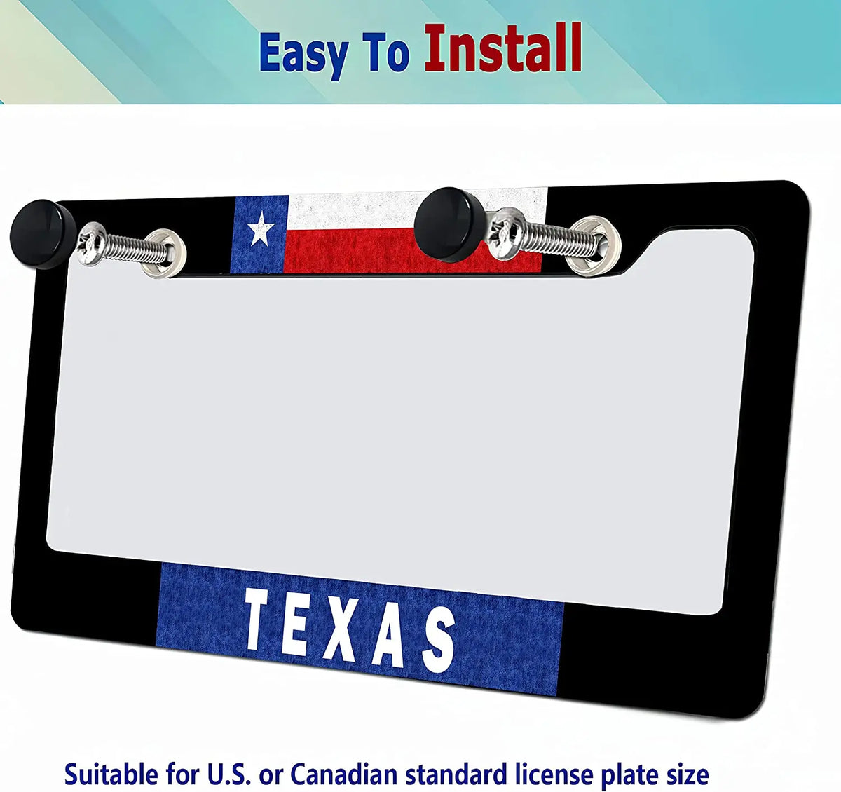 A black license plate frame with a Texas flag design and mounting hardware for US or Canadian plates.