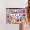 A purple canvas storage pouch filled with various emergency snacks like lollipops, cupcakes, and candies.