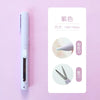 A white folding pen-shaped safety scissors is shown next to a graphic detailing its size and types of blades.