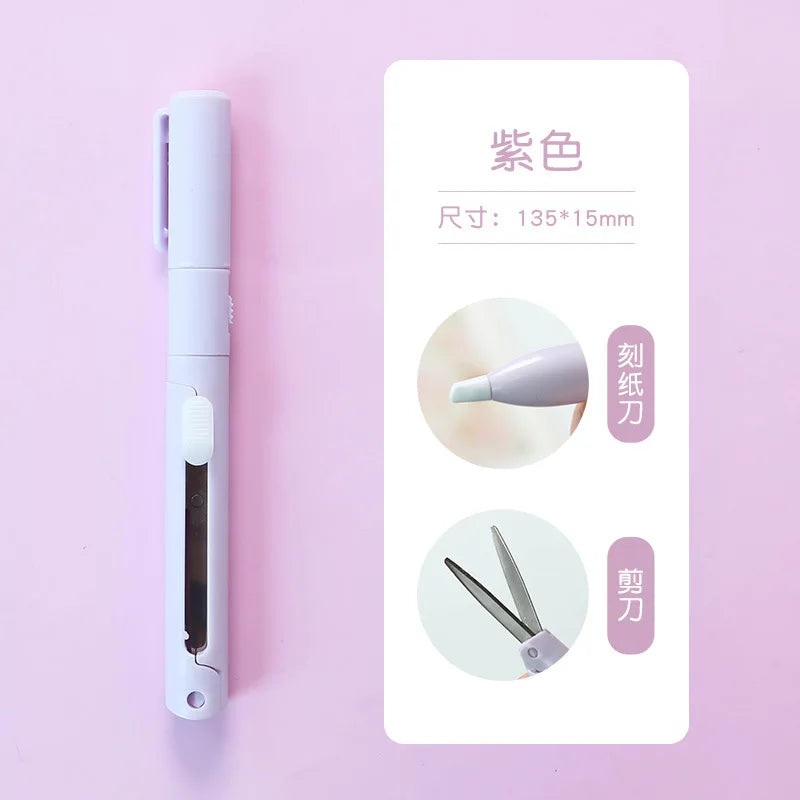 A white folding pen-shaped safety scissors is shown next to a graphic detailing its size and types of blades.