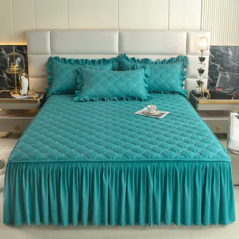 Quilted Solid Color Bed Skirt with Pleated Ruffle