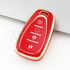 A red and gold durable TPU key fob cover for a Chevrolet vehicle.
