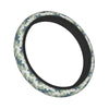 A black steering wheel cover with a camouflage pattern.