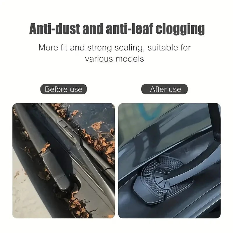 Before and after comparison showing anti-dust and anti-leaf clogging features of wiper arm hole covers