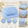 A light blue fitted sheet is shown with various close-ups highlighting its soft texture, elastic fit, and breathable features