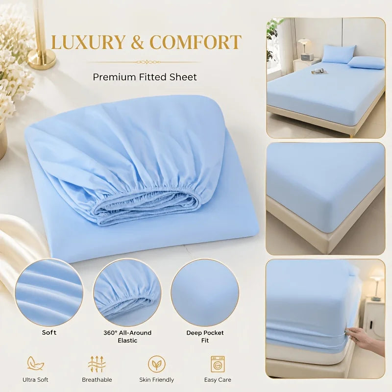 A light blue fitted sheet is shown with various close-ups highlighting its soft texture, elastic fit, and breathable features