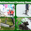 A multifunctional cleaning shovel made of durable manganese steel being used to clear snow and dig in soil.