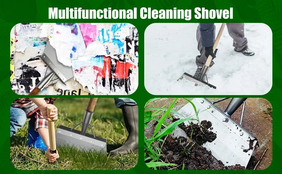 A multifunctional cleaning shovel made of durable manganese steel being used to clear snow and dig in soil.