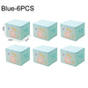 Six light blue storage boxes with pink rabbit designs and a happy theme.