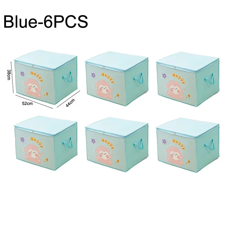 Six light blue storage boxes with pink rabbit designs and a happy theme.