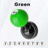 A green billiard ball style car start button cover with a lucky number sticker on top.