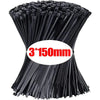 A bundle of black nylon self-locking cable ties with a 3x150mm size visible from above.