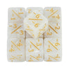 A set of white acrylic D6 counter dice showing various fractional values like -1/3, -4/6, and -6/4.