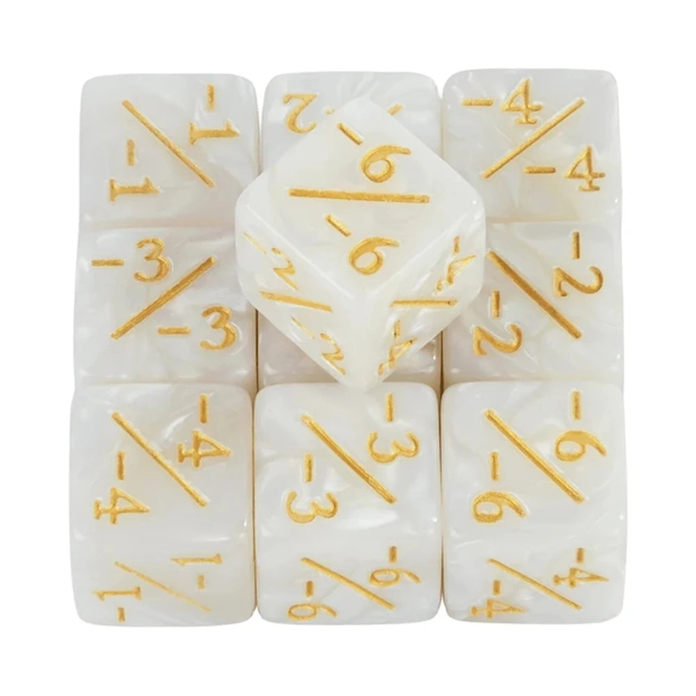 A set of white acrylic D6 counter dice showing various fractional values like -1/3, -4/6, and -6/4.