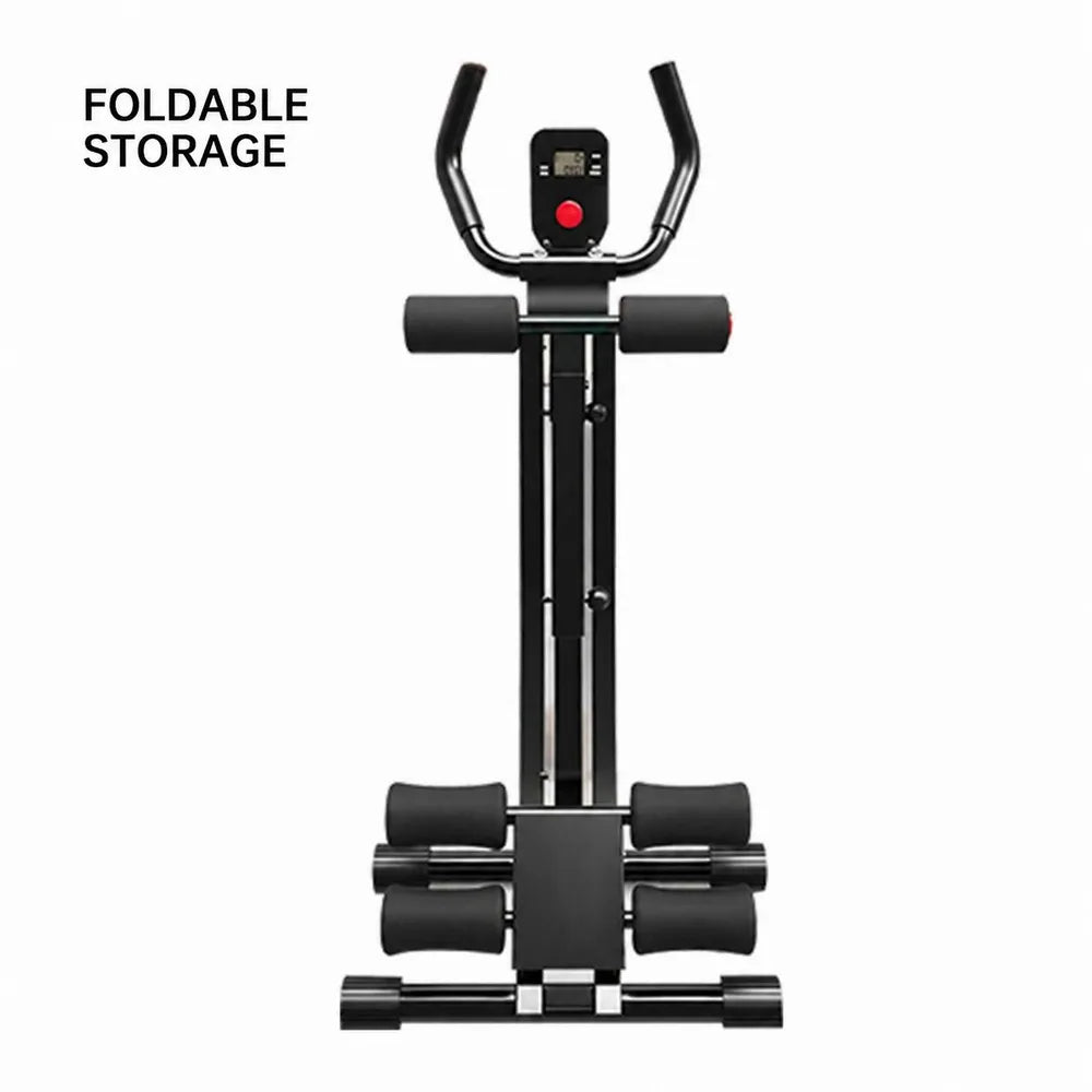 Black foldable ab trainer with LCD display showing a vertical exercise setup.