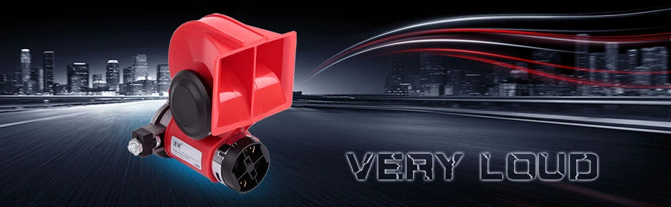 A red air horn device is shown in a dynamic shot against a blurred city skyline with sound waves indicating very loud volume.