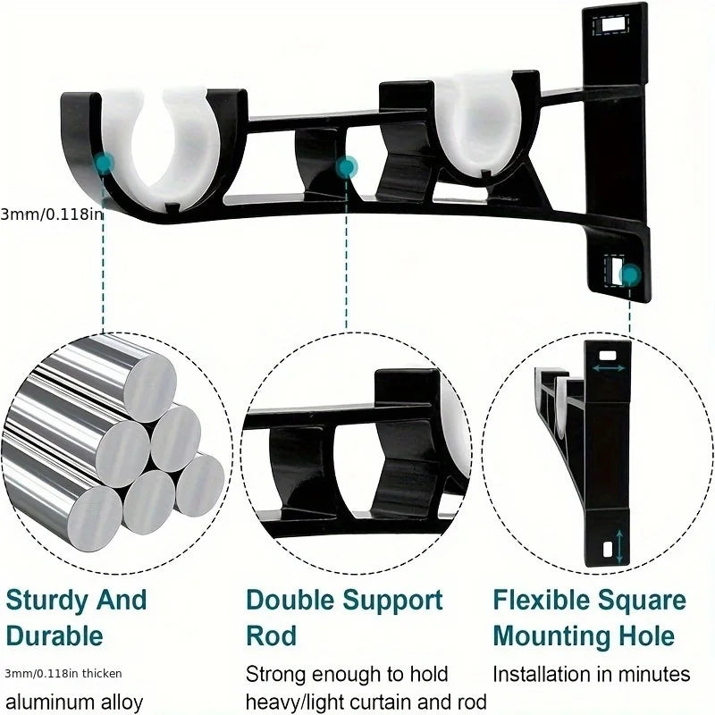 A set of black aluminum alloy brackets for mounting a curtain rod, showing the brackets and a rod.
