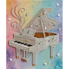 A painting of a white piano adorned with sparkling pearls and jewels on a textured, colorful background.