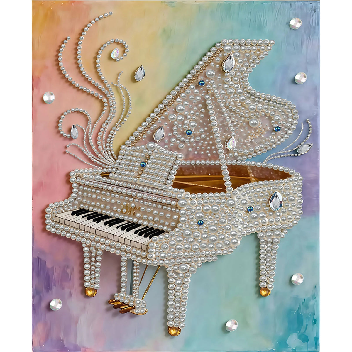 A painting of a white piano adorned with sparkling pearls and jewels on a textured, colorful background.