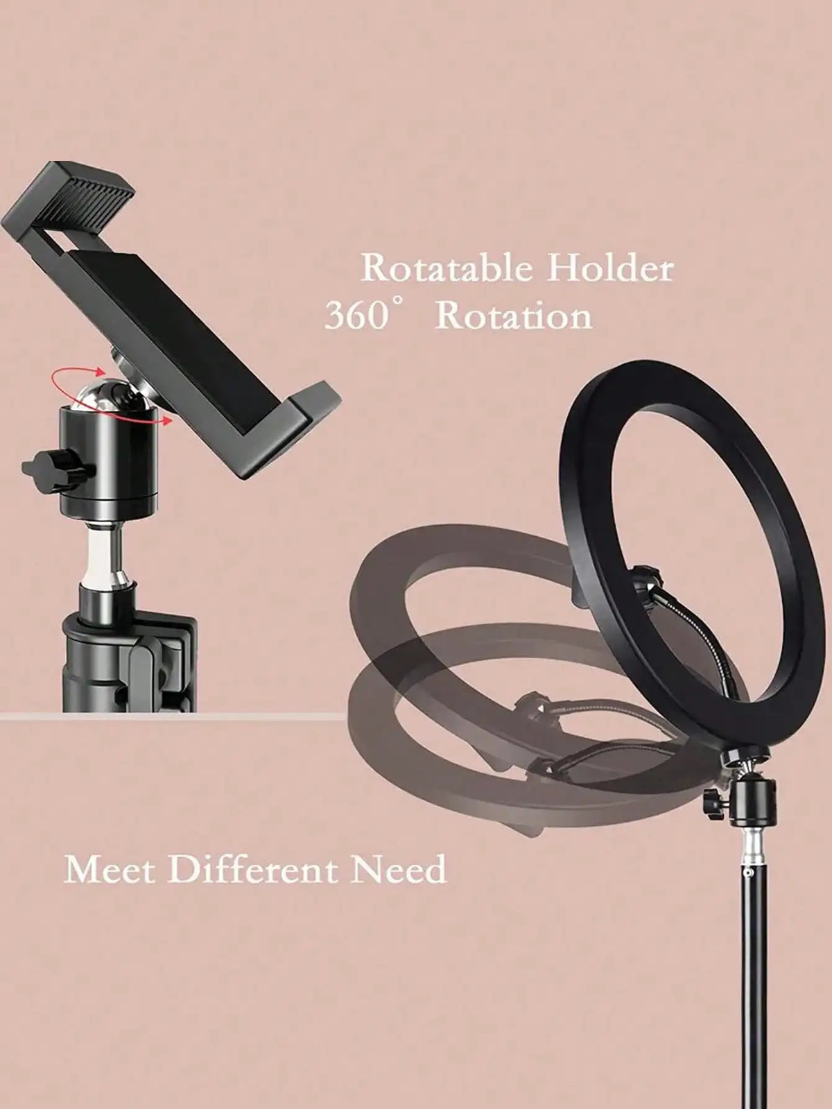 A black rotatable holder tripod kit for a 10-inch ring light, demonstrating 360 degree rotation.