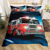A bedding set featuring a graphic of red fire engines and firefighting vehicles on a dark blue background.
