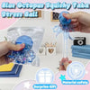 A hand holds a blue octopus squishy stress ball toy with tentacles against a white background.
