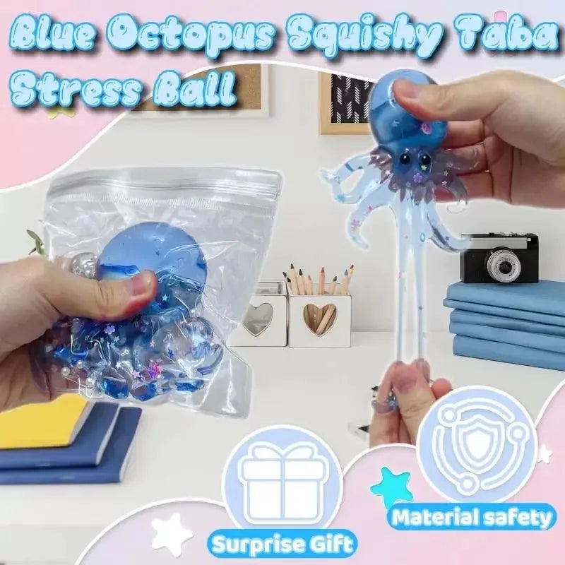 A hand holds a blue octopus squishy stress ball toy with tentacles against a white background.