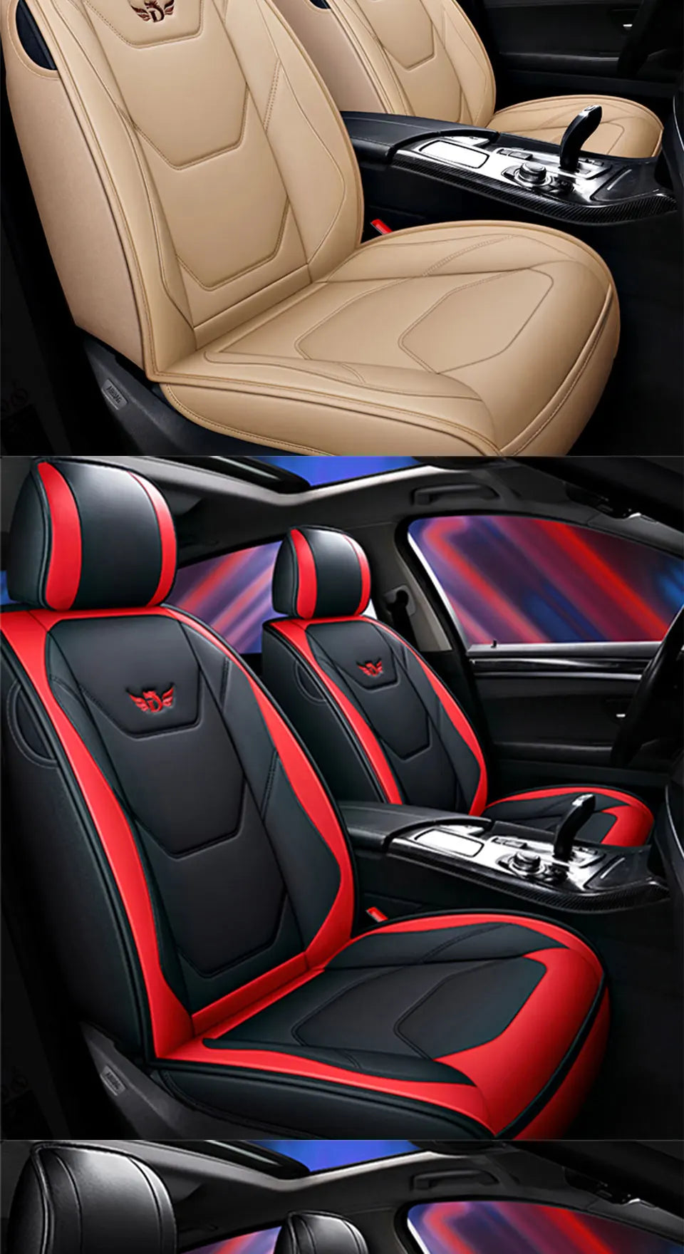 Close-up view of a black and red leather car seat with custom stitching and air bag compatibility features.