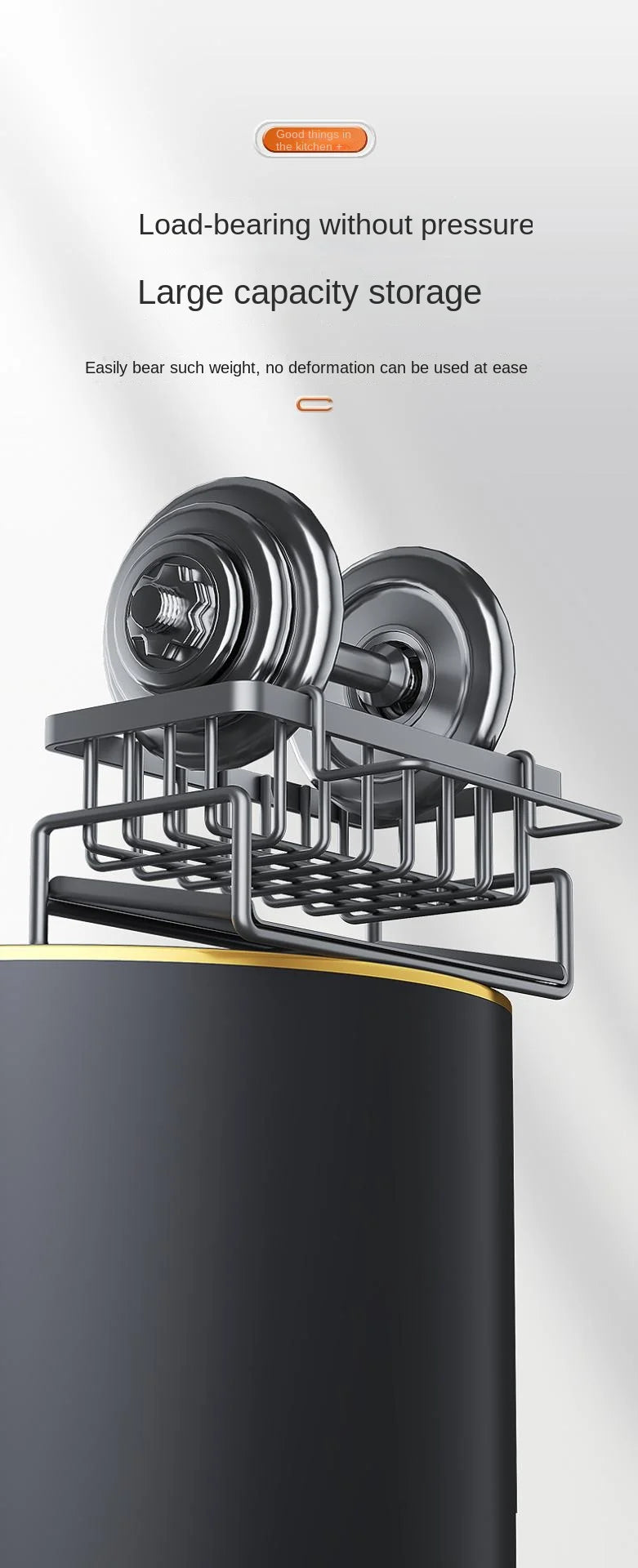Stainless steel sink organizer with a drainage tray shown above a dark sink basin.