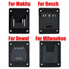 Four black wall-mount battery holders for Makita, Bosch, Dewalt, and Milwaukee power tools