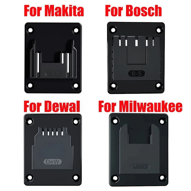 Four black wall-mount battery holders for Makita, Bosch, Dewalt, and Milwaukee power tools