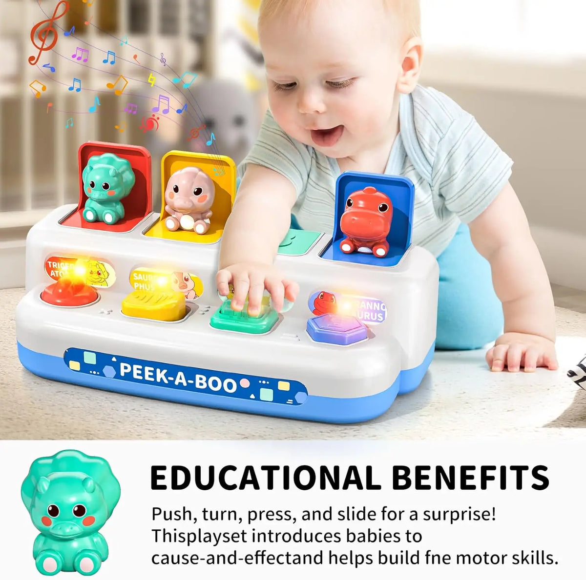 A baby is interacting with a pink and green push-and-pull dinosaur toy designed for sensory learning and fine motor skills.