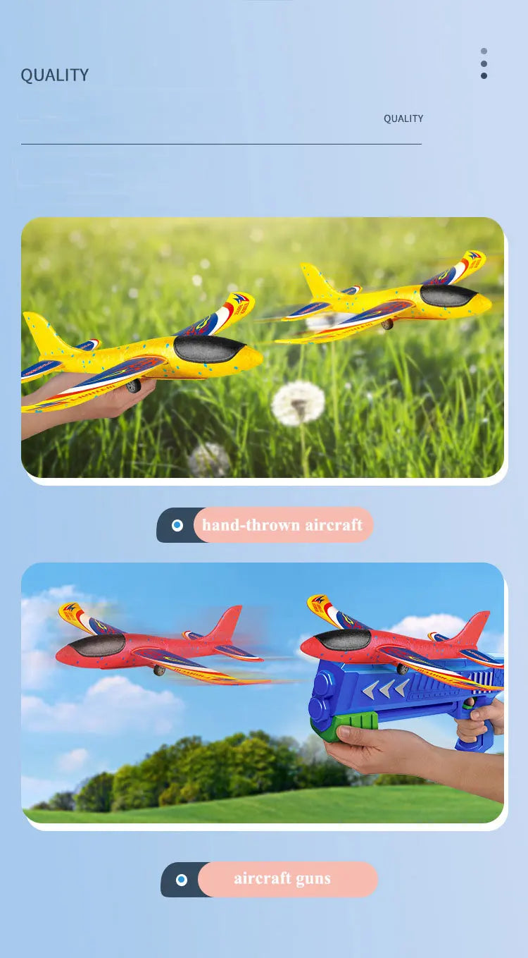A hand-thrown yellow foam airplane flying over green grass, next to a hand-held red and blue aircraft gun toy.