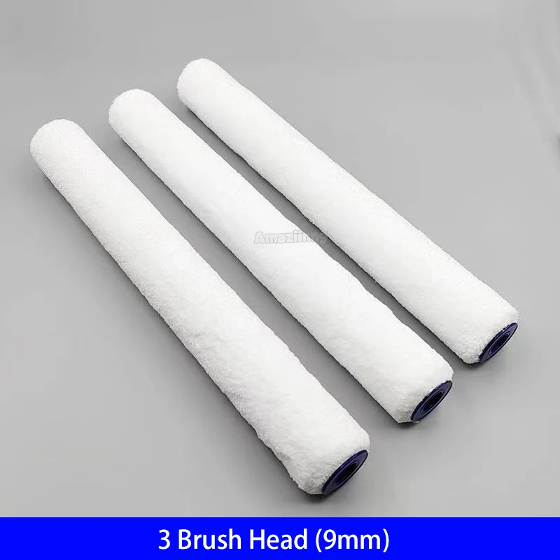 Three white brush heads with 9mm bristles are displayed on a gray background.