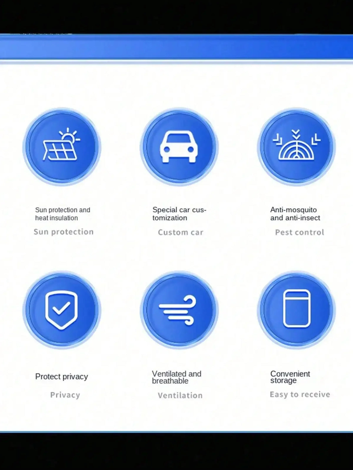 Icons illustrating features like sun protection, customization, pest control, privacy, ventilation, and storage for car windo