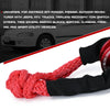 A red synthetic winch rope and recovery ring set with a black protective sleeve coiled on a white background.