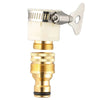A brass garden hose tap adapter with a plastic connector and threaded fitting.